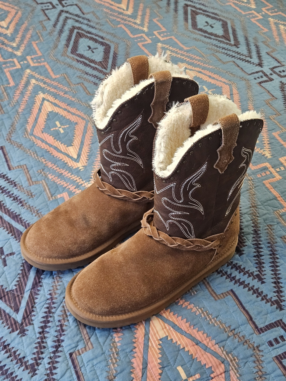Lamo Brown Suede Shearling-Lined Braided Ankle Heeled Boots